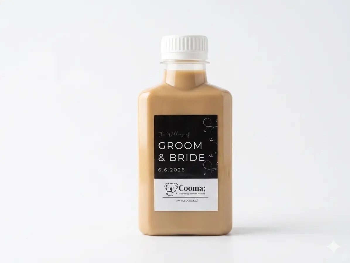 Botol kopi premium Cooma dengan exclusive label nama Groom & Bride